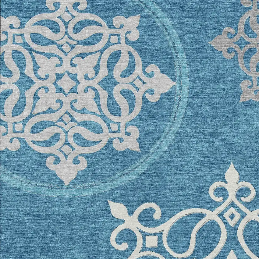 Teal Blue Gray And Ivory Floral Medallion Washable Indoor Outdoor Area Rug Photo 6