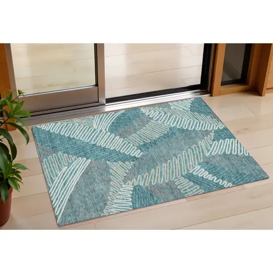 Teal Blue Gray And Ivory Floral Washable Indoor Outdoor Area Rug Photo 1