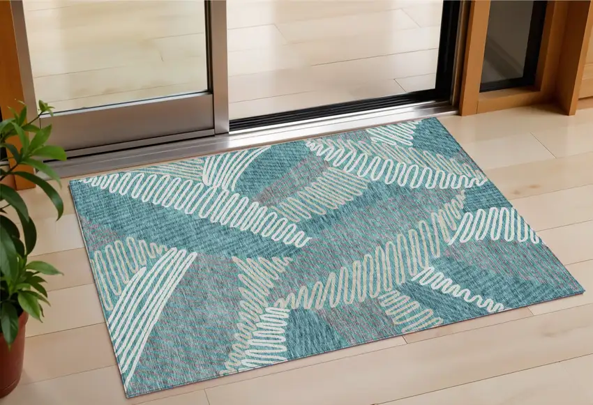 Teal Blue Gray And Ivory Floral Washable Indoor Outdoor Area Rug Photo 1
