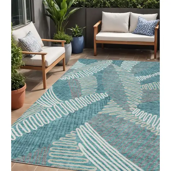 Teal Blue Gray And Ivory Floral Washable Indoor Outdoor Area Rug Photo 1