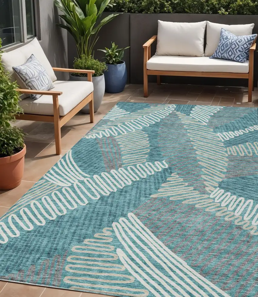 Teal Blue Gray And Ivory Floral Washable Indoor Outdoor Area Rug Photo 1