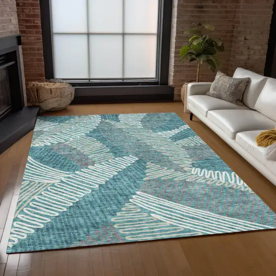 Teal Blue Gray And Ivory Floral Washable Indoor Outdoor Area Rug Photo 9