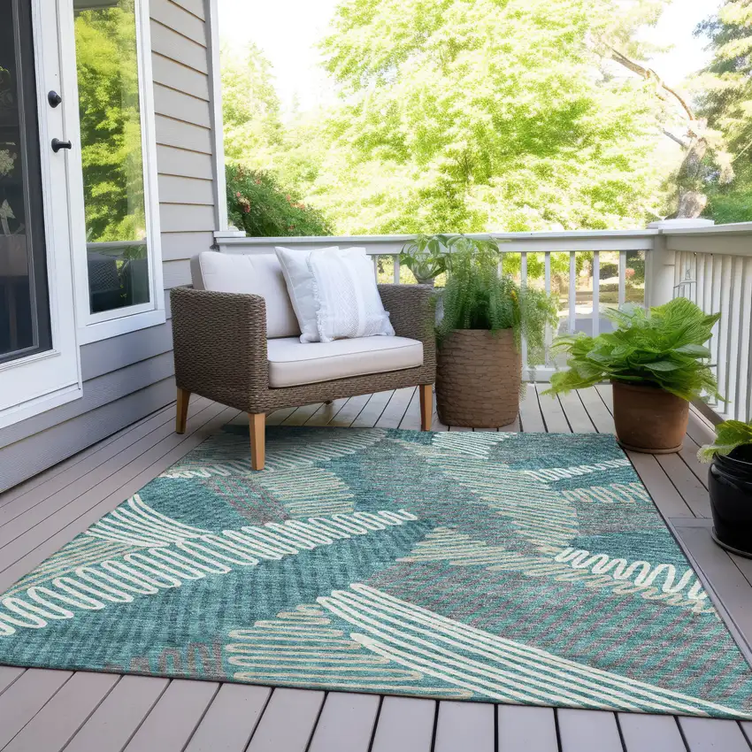 Teal Blue Gray And Ivory Floral Washable Indoor Outdoor Area Rug Photo 9