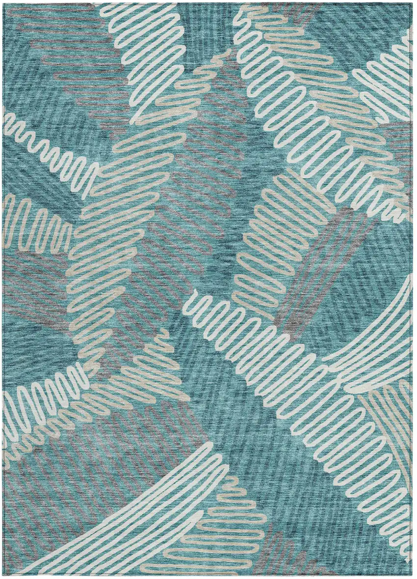 Teal Blue Gray And Ivory Floral Washable Indoor Outdoor Area Rug Photo 8