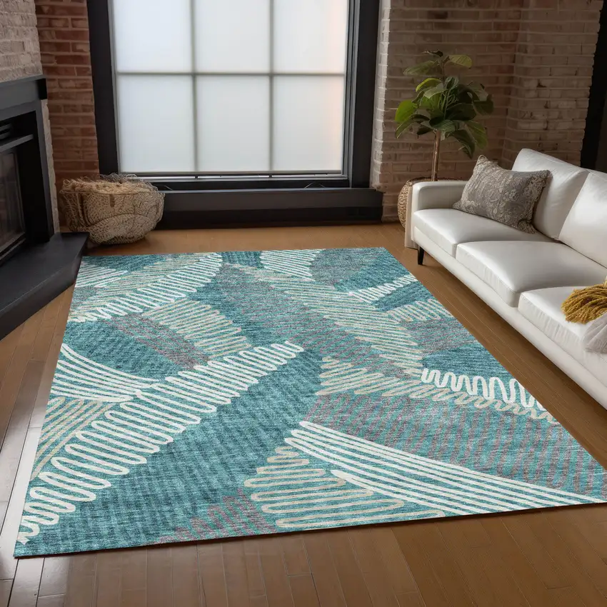 Teal Blue Gray And Ivory Floral Washable Indoor Outdoor Area Rug Photo 9
