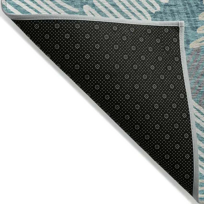 Teal Blue Gray And Ivory Floral Washable Indoor Outdoor Area Rug Photo 4