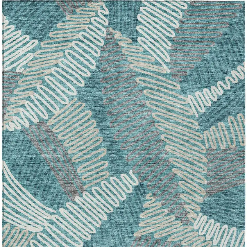 Teal Blue Gray And Ivory Floral Washable Indoor Outdoor Area Rug Photo 7