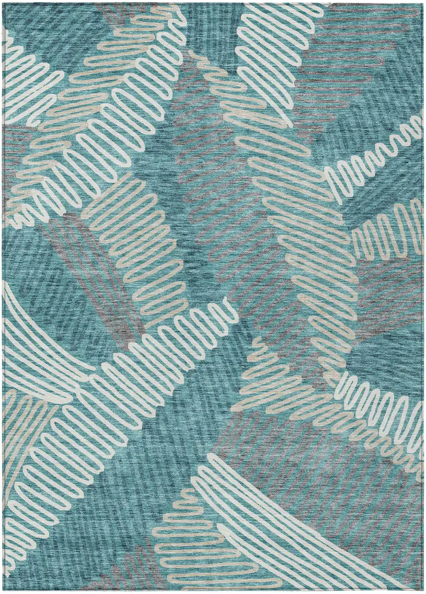 Teal Blue Gray And Ivory Floral Washable Indoor Outdoor Area Rug Photo 2