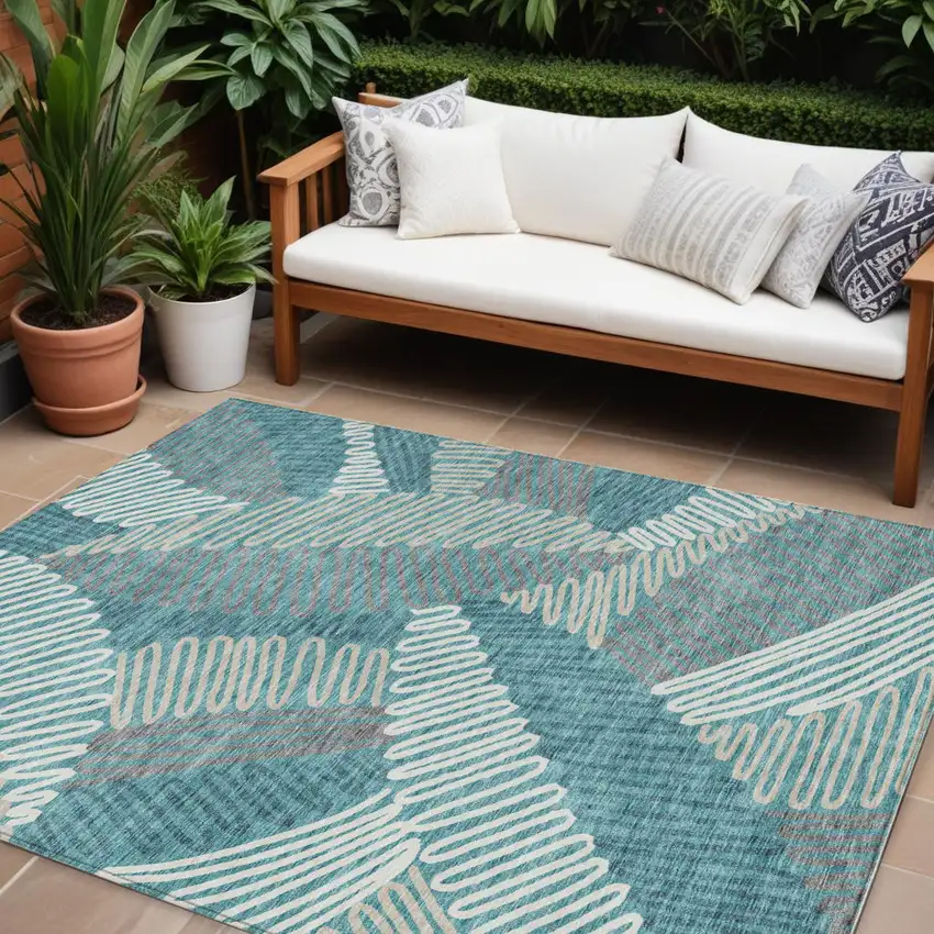 Teal Blue Gray And Ivory Floral Washable Indoor Outdoor Area Rug Photo 1