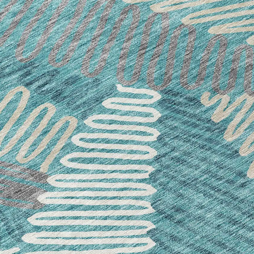 Teal Blue Gray And Ivory Floral Washable Indoor Outdoor Area Rug Photo 5