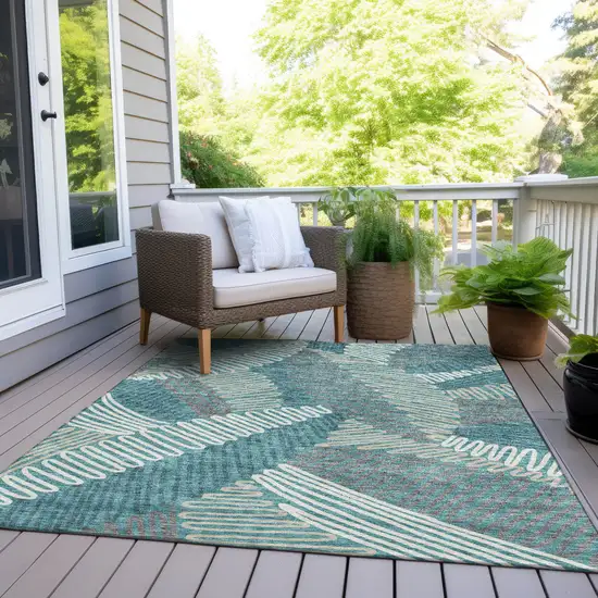 Teal Blue Gray And Ivory Floral Washable Indoor Outdoor Area Rug Photo 9
