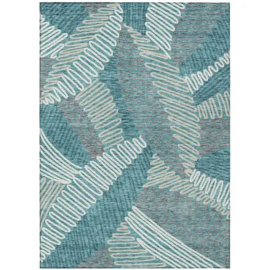 Teal Blue Gray And Ivory Floral Washable Indoor Outdoor Area Rug Photo 2