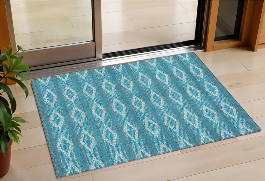 Teal Blue Gray And Ivory Geometric Washable Indoor Outdoor Area Rug Photo 1