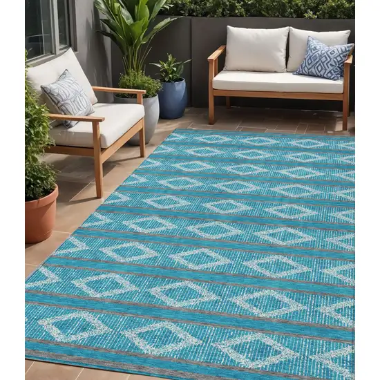 Teal Blue Gray And Ivory Geometric Washable Indoor Outdoor Area Rug Photo 1
