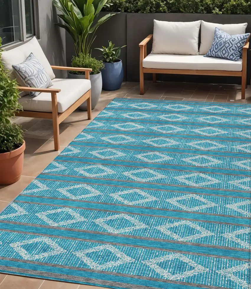 Teal Blue Gray And Ivory Geometric Washable Indoor Outdoor Area Rug Photo 1