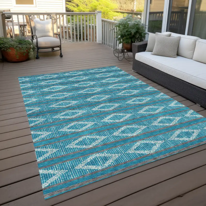 Teal Blue Gray And Ivory Geometric Washable Indoor Outdoor Area Rug Photo 9
