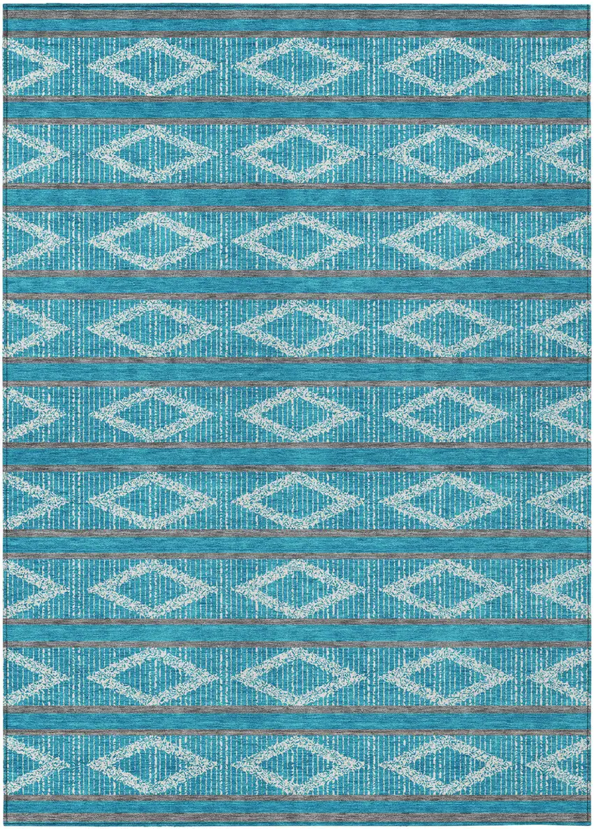 Teal Blue Gray And Ivory Geometric Washable Indoor Outdoor Area Rug Photo 2