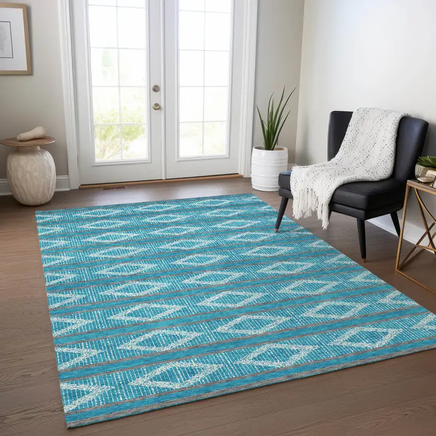 Teal Blue Gray And Ivory Geometric Washable Indoor Outdoor Area Rug Photo 9