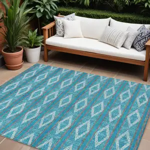 Photo of Teal Blue Gray And Ivory Geometric Washable Indoor Outdoor Area Rug