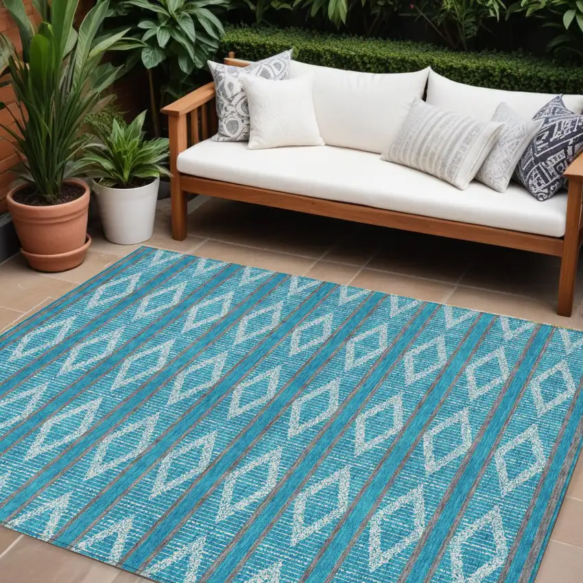 Teal Blue Gray And Ivory Geometric Washable Indoor Outdoor Area Rug Photo 1