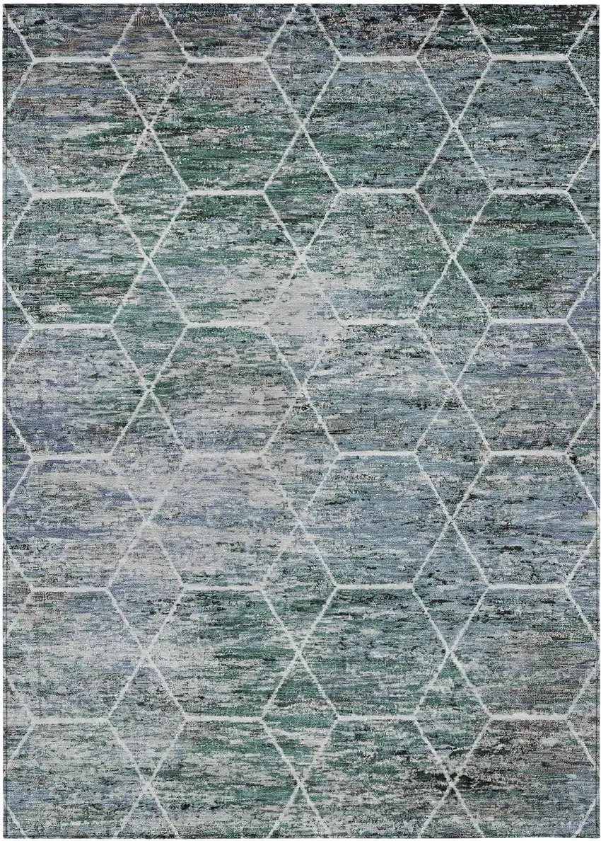 Teal Blue Gray And Ivory Geometric Washable Indoor Outdoor Area Rug Photo 8