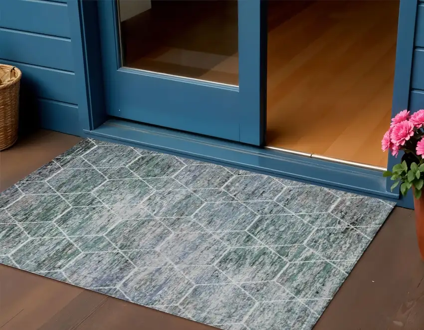 Teal Blue Gray And Ivory Geometric Washable Indoor Outdoor Area Rug Photo 2