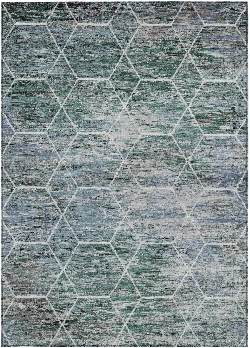 Teal Blue Gray And Ivory Geometric Washable Indoor Outdoor Area Rug Photo 1