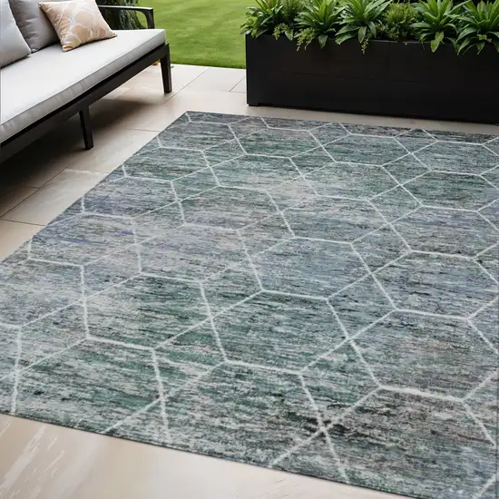 Teal Blue Gray And Ivory Geometric Washable Indoor Outdoor Area Rug Photo 2