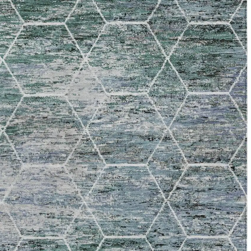 Teal Blue Gray And Ivory Geometric Washable Indoor Outdoor Area Rug Photo 6