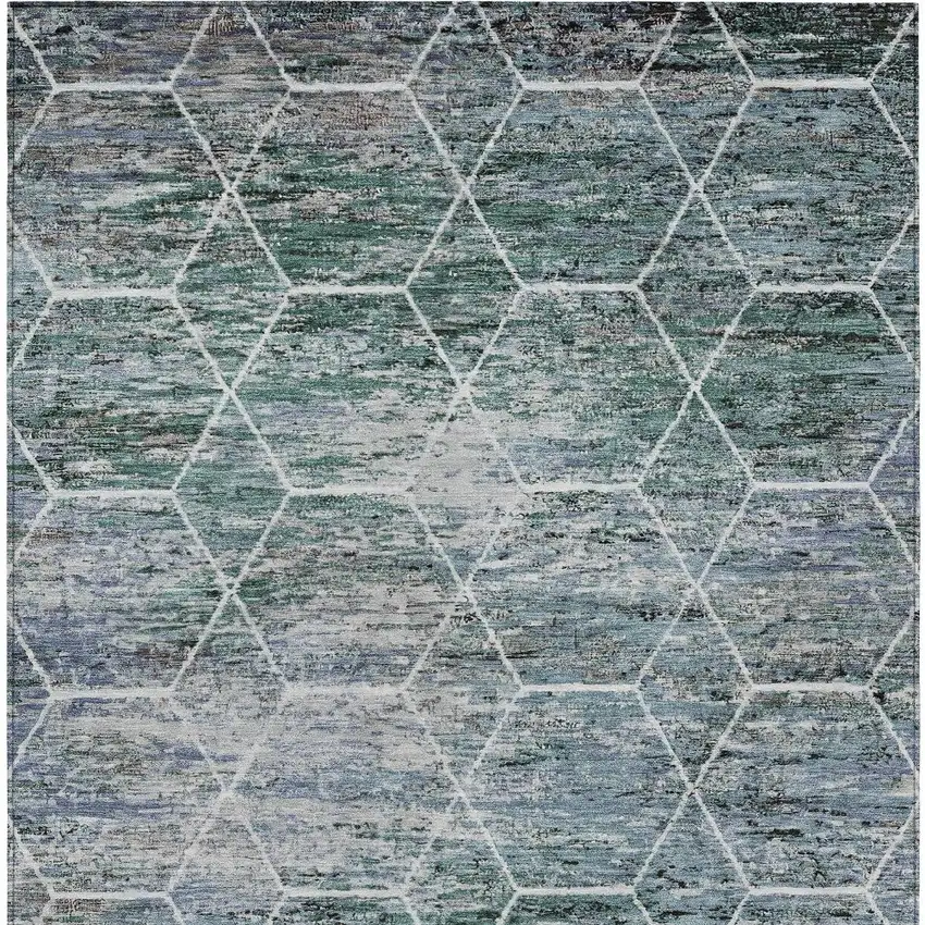 Teal Blue Gray And Ivory Geometric Washable Indoor Outdoor Area Rug Photo 7