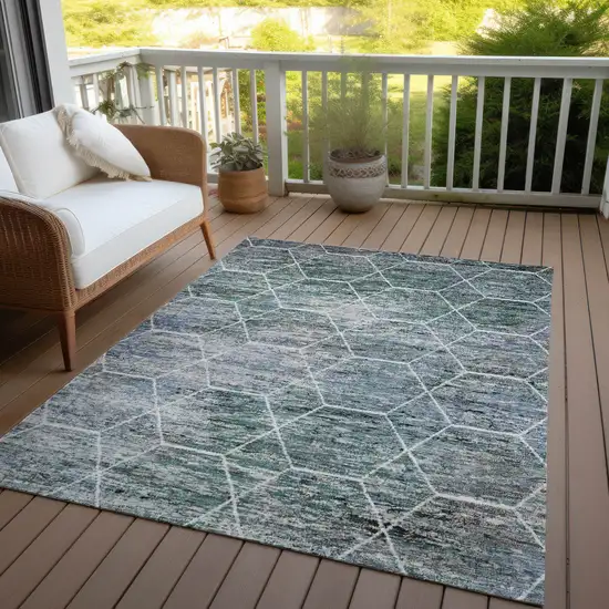 Teal Blue Gray And Ivory Geometric Washable Indoor Outdoor Area Rug Photo 4