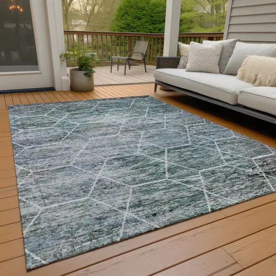 Teal Blue Gray And Ivory Geometric Washable Indoor Outdoor Area Rug Photo 7