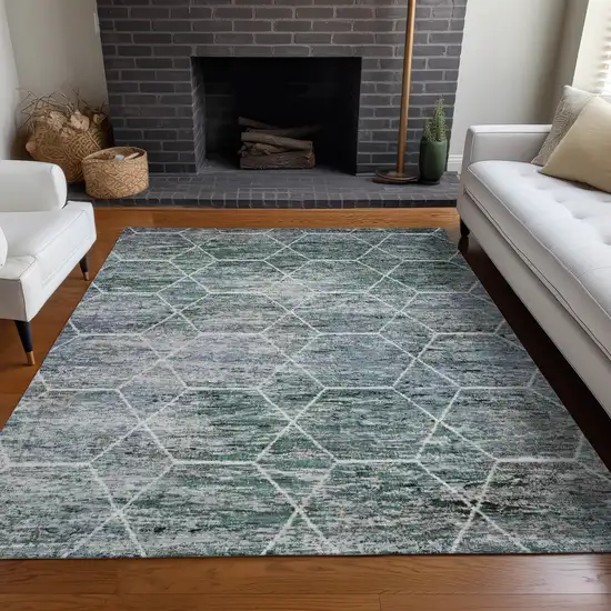 Teal Blue Gray And Ivory Geometric Washable Indoor Outdoor Area Rug Photo 6