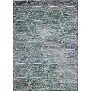 Photo of Teal Blue Gray And Ivory Geometric Washable Indoor Outdoor Area Rug