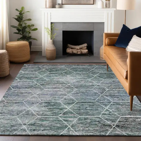 Teal Blue Gray And Ivory Geometric Washable Indoor Outdoor Area Rug Photo 5