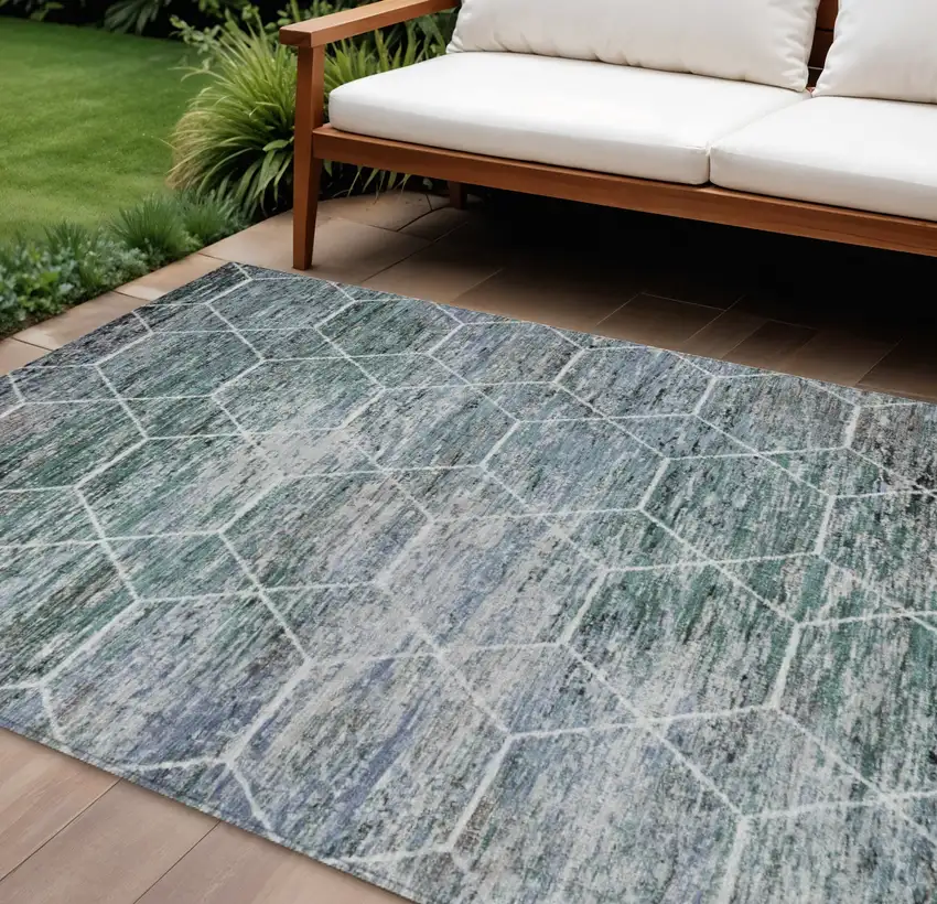 Teal Blue Gray And Ivory Geometric Washable Indoor Outdoor Area Rug Photo 2
