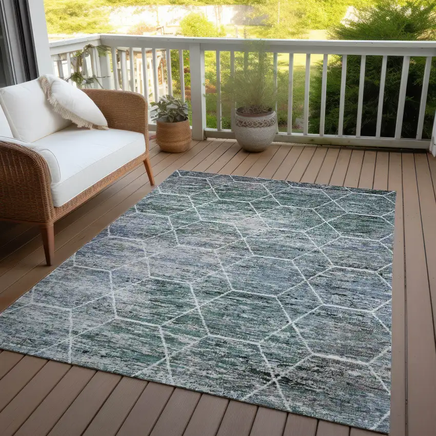 Teal Blue Gray And Ivory Geometric Washable Indoor Outdoor Area Rug Photo 5