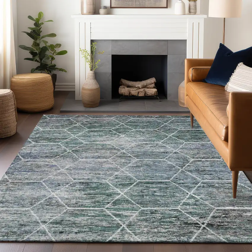 Teal Blue Gray And Ivory Geometric Washable Indoor Outdoor Area Rug Photo 6