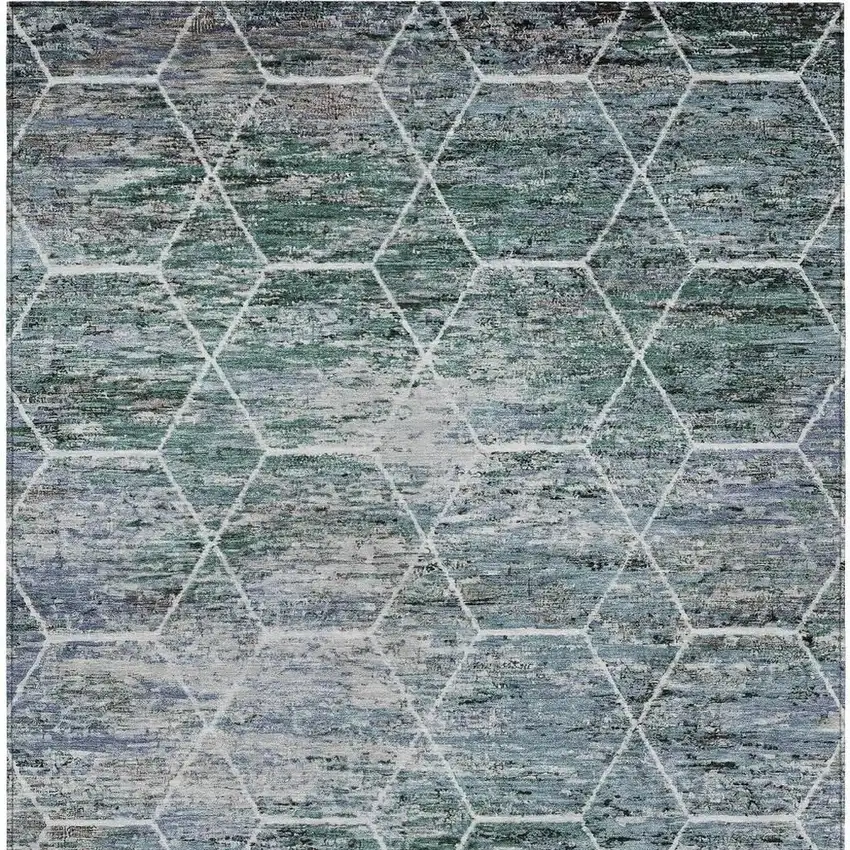 Teal Blue Gray And Ivory Geometric Washable Indoor Outdoor Area Rug Photo 3