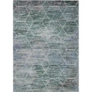 Photo of Teal Blue Gray And Ivory Geometric Washable Indoor Outdoor Area Rug