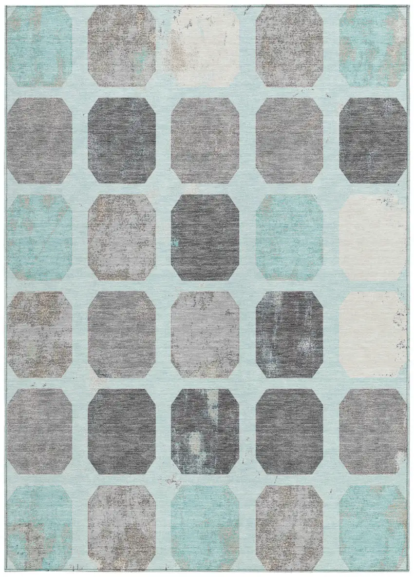 Teal Blue Gray And Ivory Geometric Washable Indoor Outdoor Area Rug Photo 3