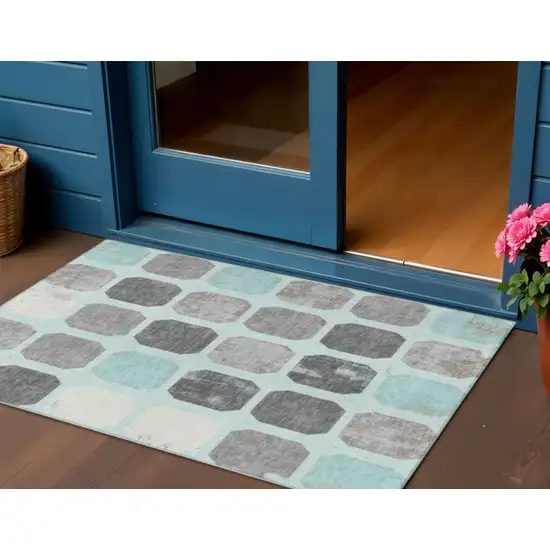 Teal Blue Gray And Ivory Geometric Washable Indoor Outdoor Area Rug Photo 2