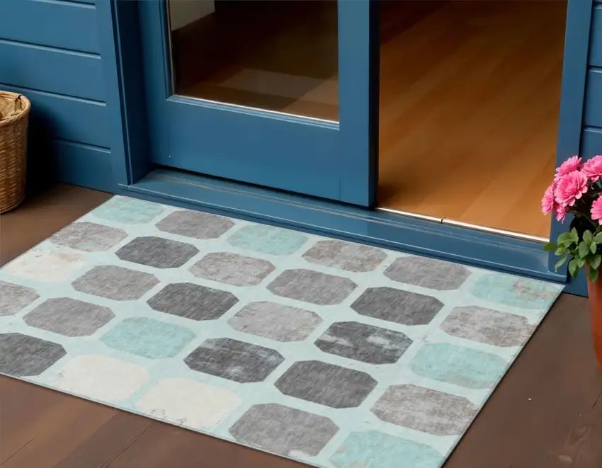 Teal Blue Gray And Ivory Geometric Washable Indoor Outdoor Area Rug Photo 2