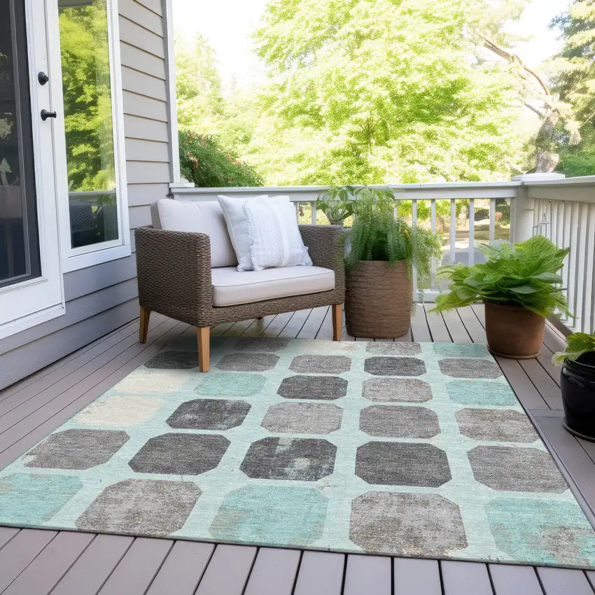Teal Blue Gray And Ivory Geometric Washable Indoor Outdoor Area Rug Photo 8