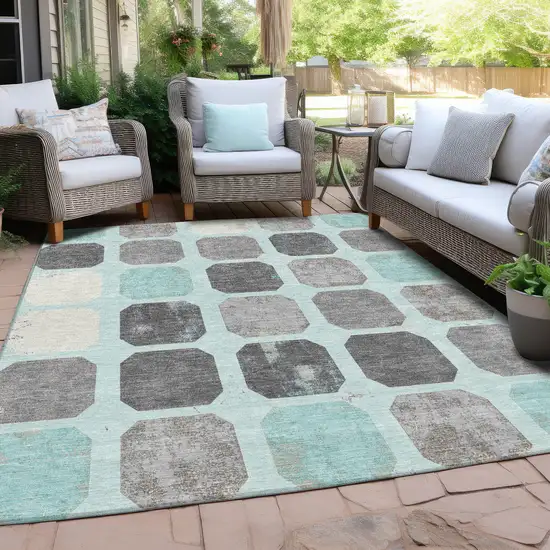Teal Blue Gray And Ivory Geometric Washable Indoor Outdoor Area Rug Photo 5