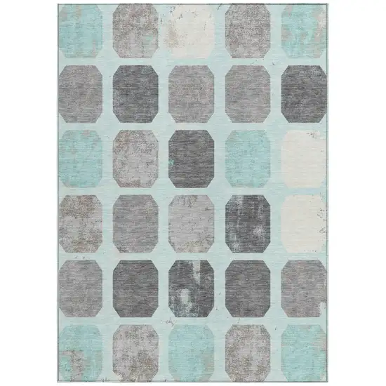 Teal Blue Gray And Ivory Geometric Washable Indoor Outdoor Area Rug Photo 3