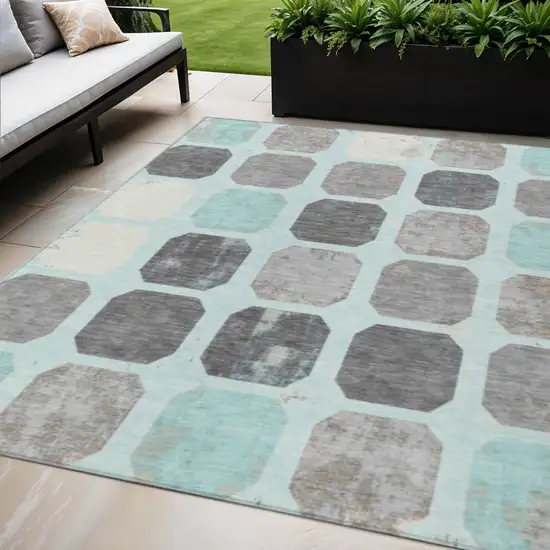 Teal Blue Gray And Ivory Geometric Washable Indoor Outdoor Area Rug Photo 2