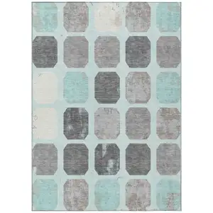Photo of Teal Blue Gray And Ivory Geometric Washable Indoor Outdoor Area Rug