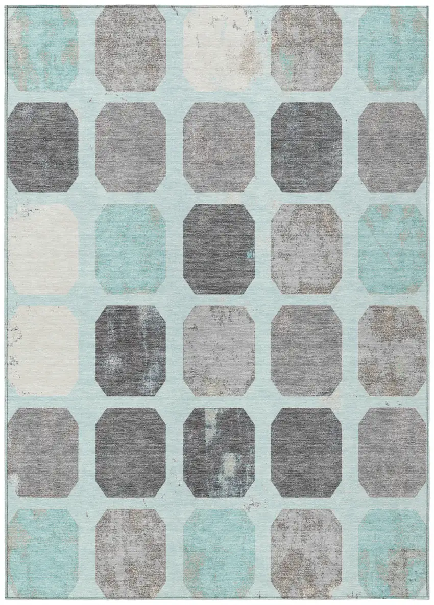 Teal Blue Gray And Ivory Geometric Washable Indoor Outdoor Area Rug Photo 1