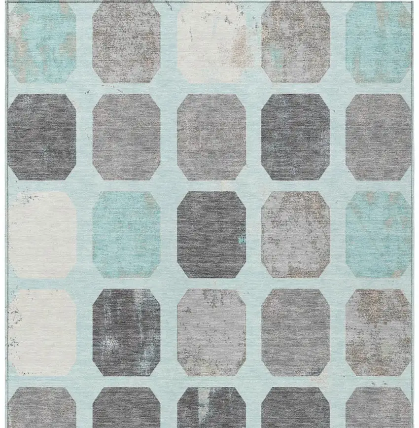 Teal Blue Gray And Ivory Geometric Washable Indoor Outdoor Area Rug Photo 9